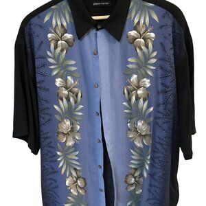 Pierre Cardin Two-Tone Rayon Shirt: Tropical Floral Blue Black, Men’s Size Large